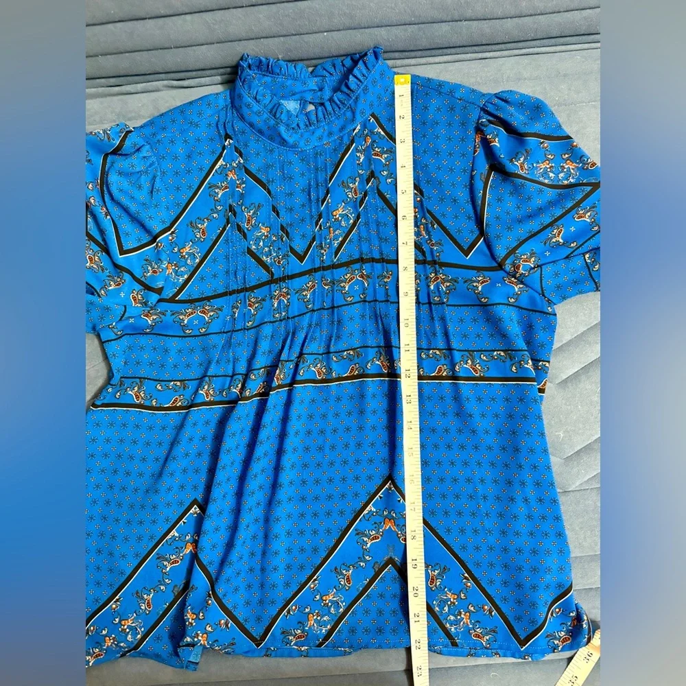 Boho Blue Blouse Balloon Sleeve Ruffle Neck Lightweight S